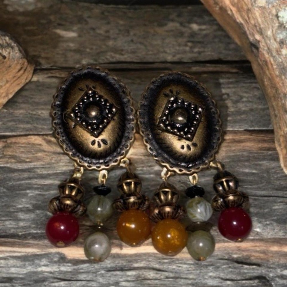 Vtg Bronze Tone Waterfall‎ Black Dangle Earring Statement Beaded